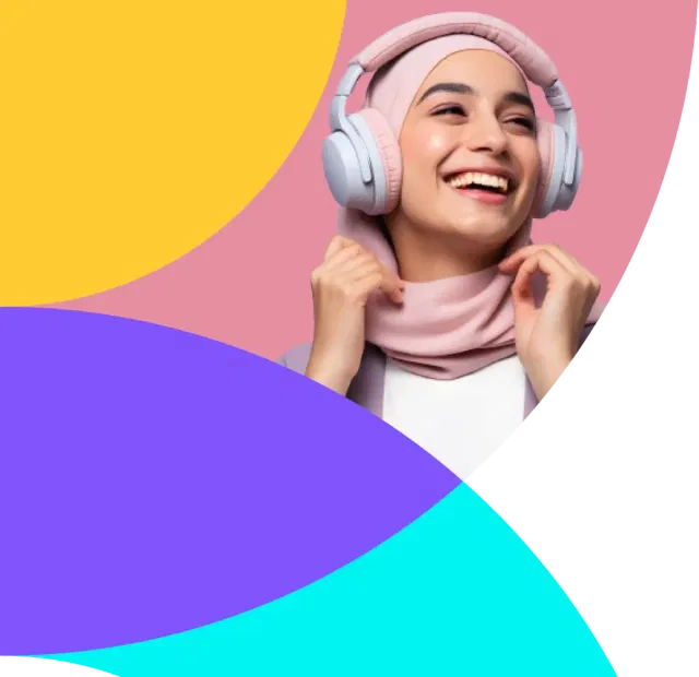 curly haired girl with headphones